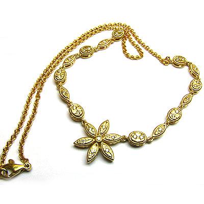 14k Gold 17'' Flower Diamond Chain Link Necklace