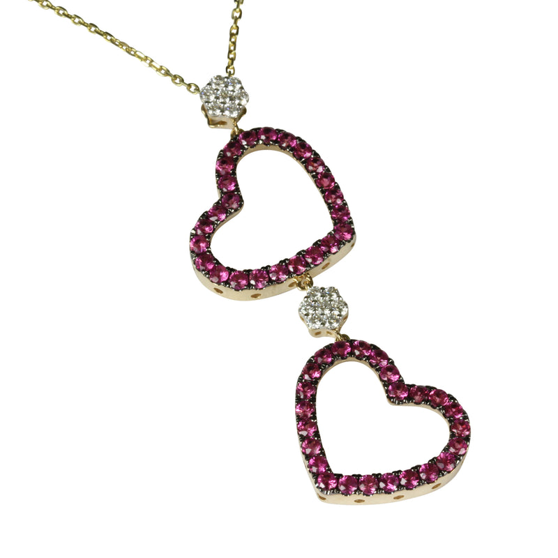 14k Gold Pink Sapphire & Diamond Double Drop Heart Pendant Necklace