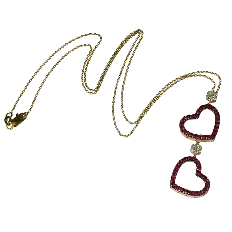 14k Gold Pink Sapphire & Diamond Double Drop Heart Pendant Necklace