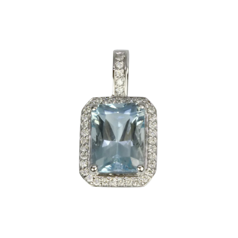 14k Gold Emerald Cut Aquamarine & Diamond Pendant Necklace