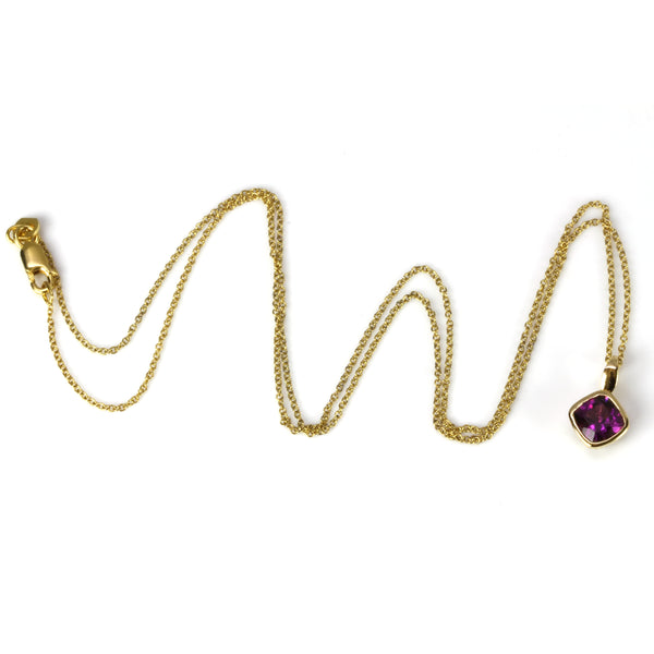 14k Gold Cushion Purple Garnet Pendant Necklace