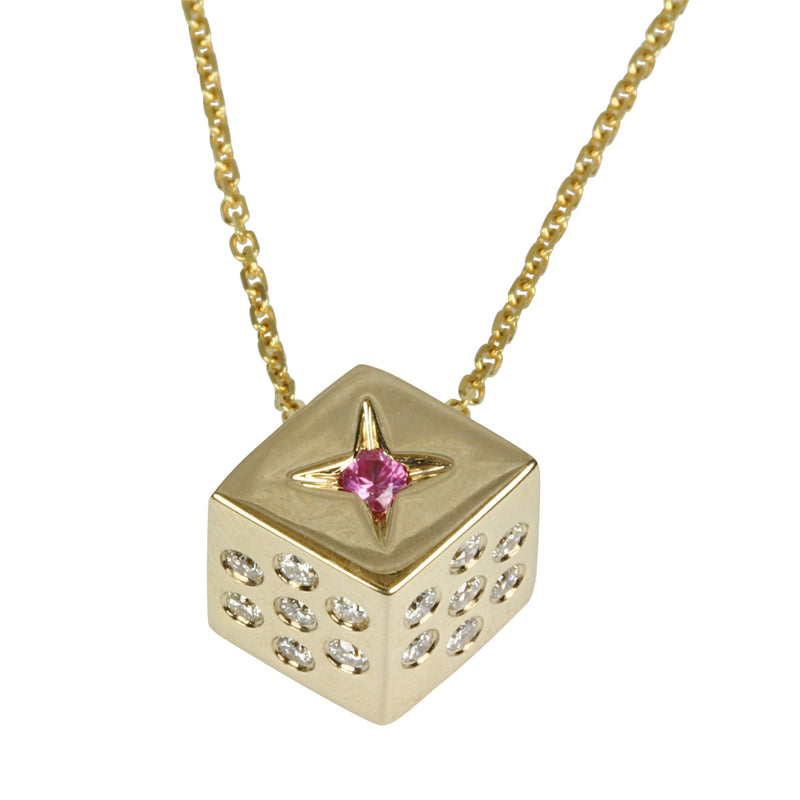 14k Gold Pink Sapphire & Diamond Cube Pendant Necklace