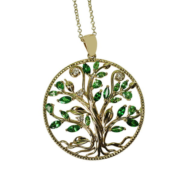 14k Gold Tree Of Life Tsavorite & Diamond Pendant Necklace