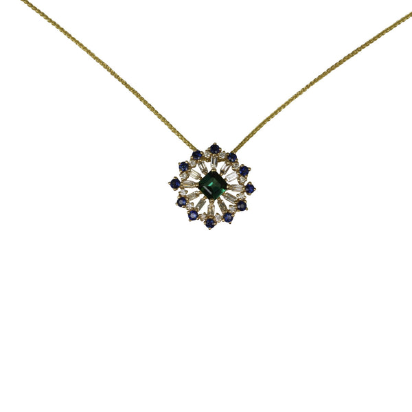14k Gold Green Tourmaline, Blue Sapphire & Diamond Pendant Necklace