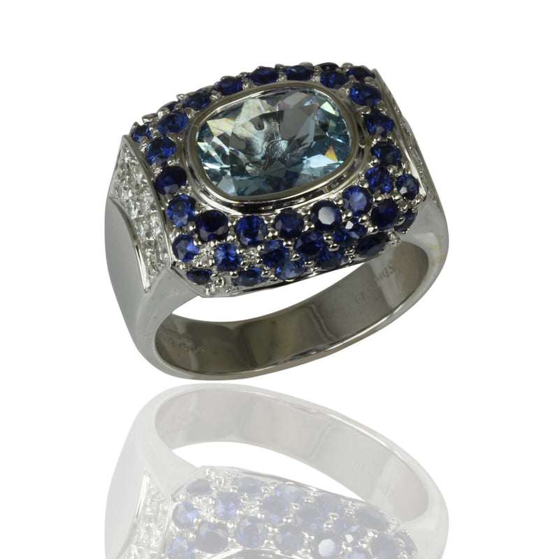 18k Gold Blue Gemstones & Diamond Ring