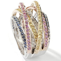 14k Gold Multi Sapphire & Diamond Criss Cross Ring