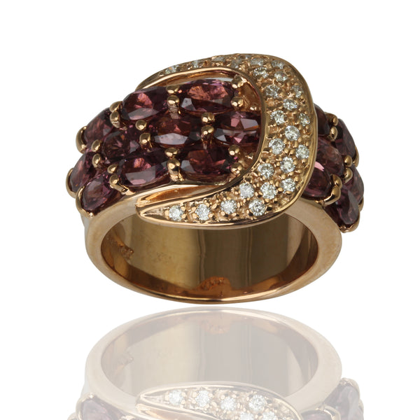 14k Gold Rhodolite & Diamond Buckle Ring