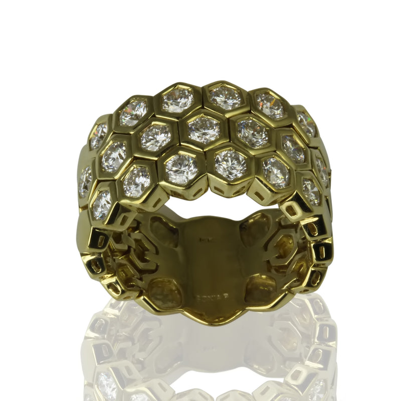18k Gold Diamond Honey Comb 3 Row Flex Bezel Ring