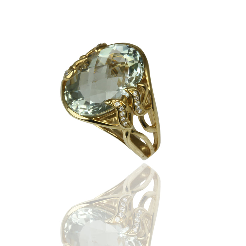 14k Gold Green Amethyst & Diamond Ring
