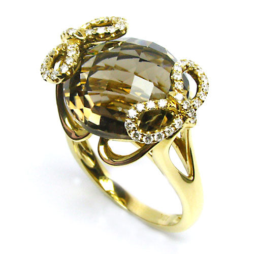 18k Gold Checkerboard Smokey Quartz & Diamond Ring
