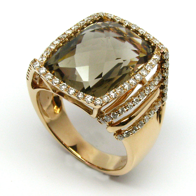 18k Gold Cushion Smokey Quartz & Diamond Ring
