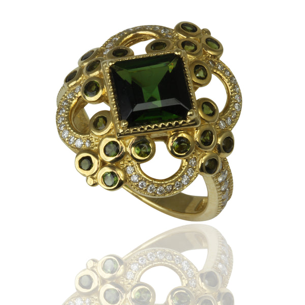 14k Gold Green Tourmaline & Diamond Shield Ring