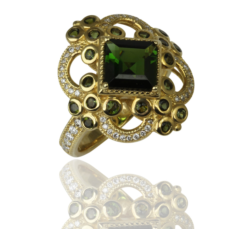 14k Gold Green Tourmaline & Diamond Shield Ring
