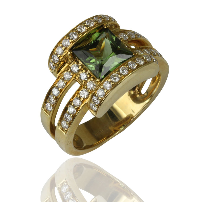 18k Gold Princess Cut Green Tourmaline & Diamond Ring