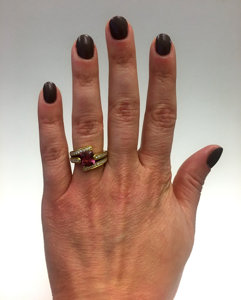 18k Gold Cushion Pink Tourmaline & Diamond Ring