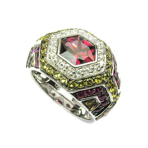 18k Gold Rhodolite, Yellow & Pink Sapphire & Diamond Ring