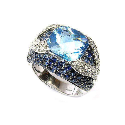 18k Gold Blue Topaz, Blue Sapphire & Diamond Ring