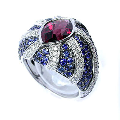 18k Rhodolite, Sapphire & Diamond Ring