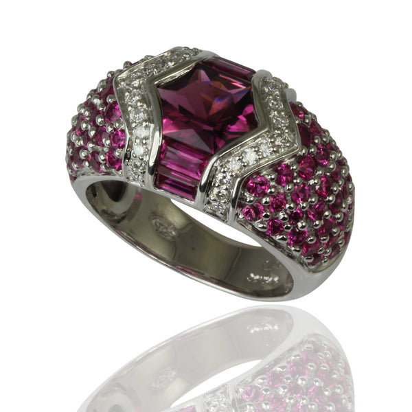 18k Gold Pink Tourmaline, Ruby & Diamond Ring