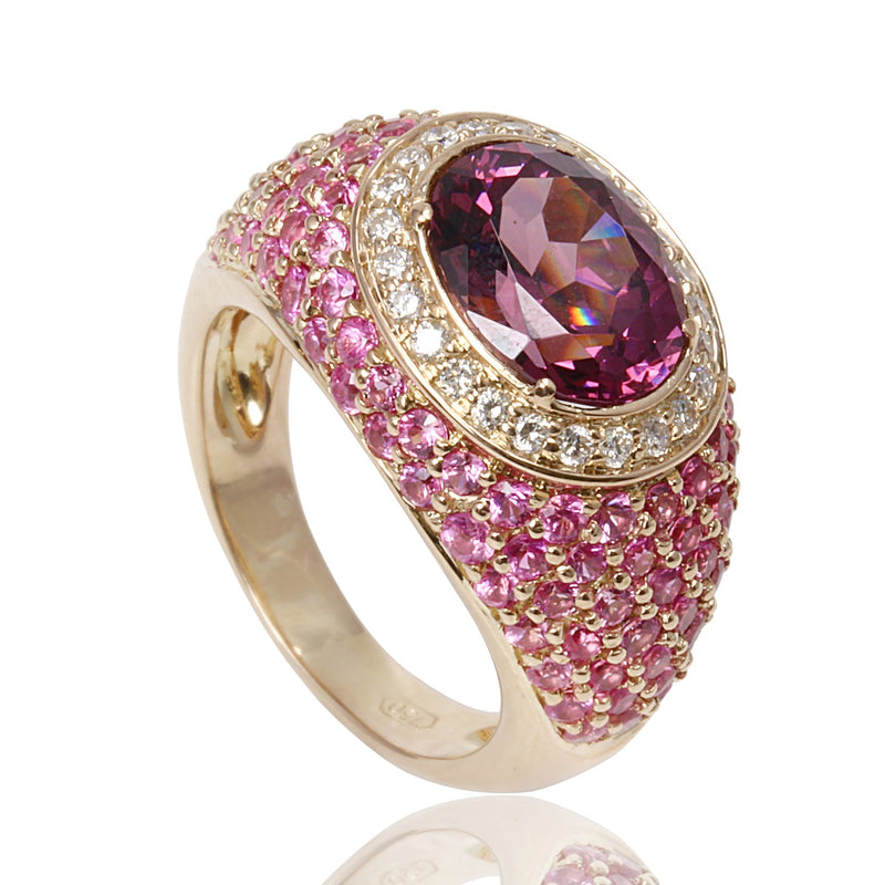 18k Gold Rhodolite, Pink Sapphire & Diamond Ring