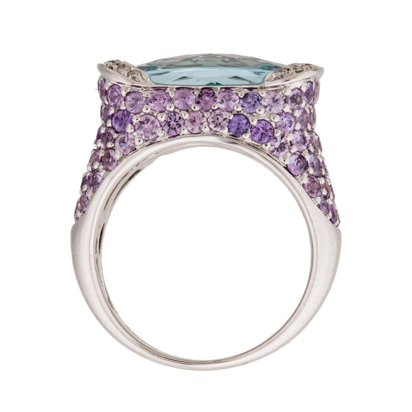 18k Gold Aquamarine, Lavender Sapphire & Diamond Ring