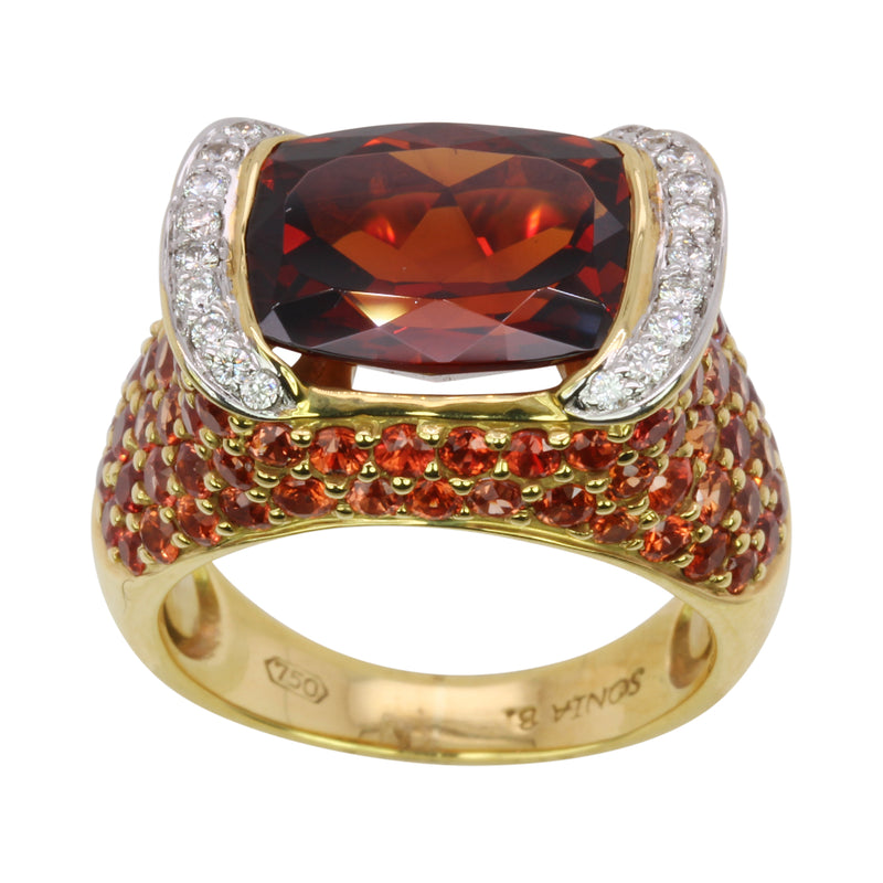 18k Yellow Gold Spessartite, Orange Sapphire & Diamond Cocktail Ring