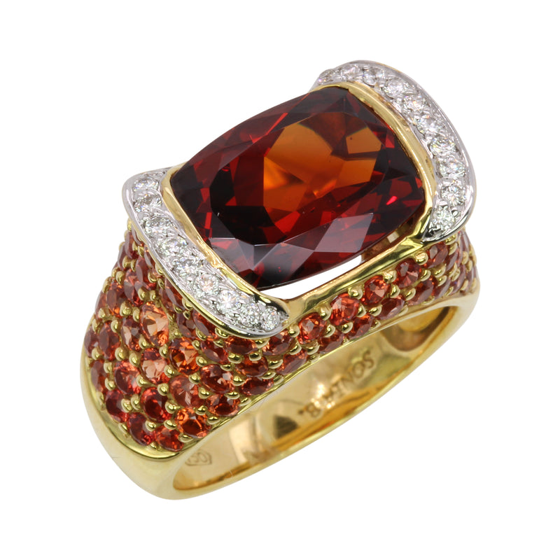 18k Yellow Gold Spessartite, Orange Sapphire & Diamond Cocktail Ring