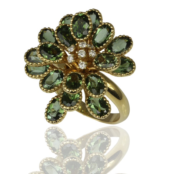 14k Gold Green Tourmaline & Diamond Flower Ring