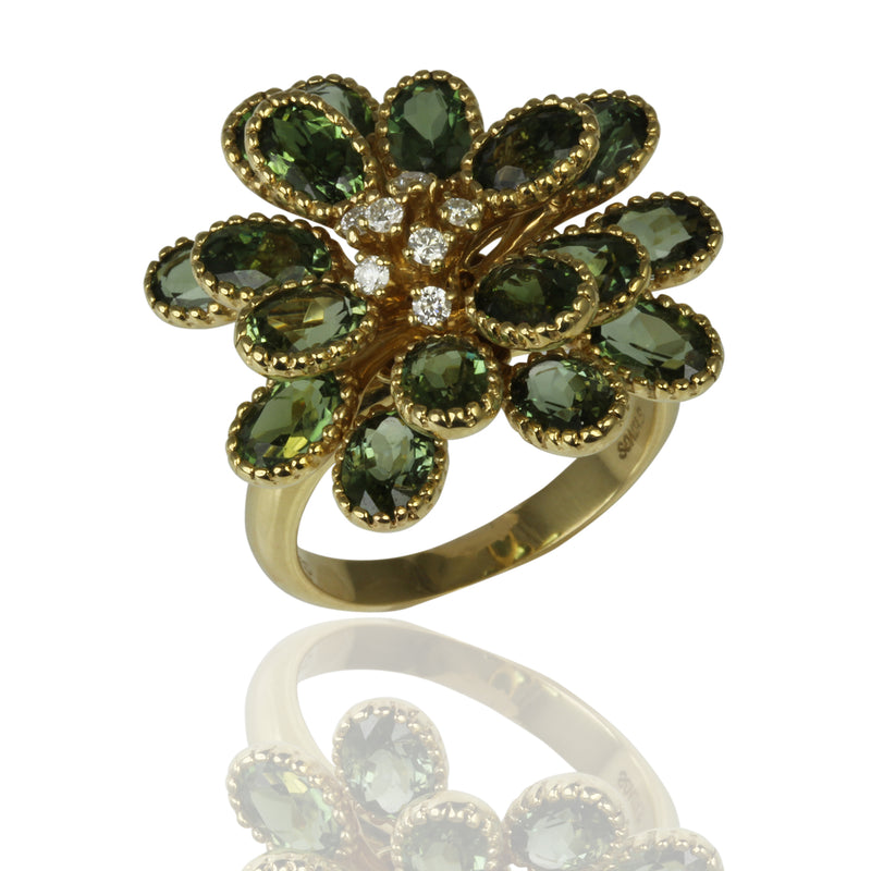 14k Gold Green Tourmaline & Diamond Flower Ring
