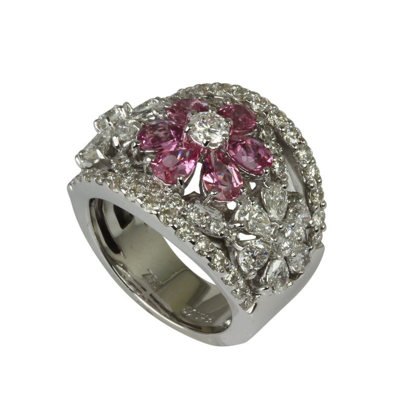 18k Gold Pink Sapphire & Diamond Flower Ring
