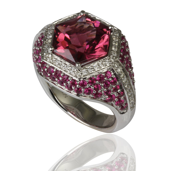 18k Gold Pink Tourmaline, Pink Sapphire & Diamond Ring