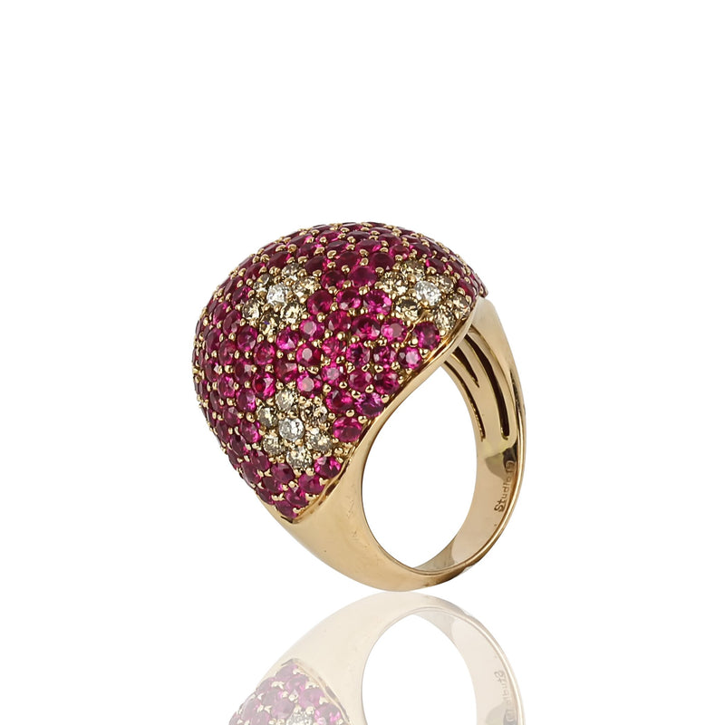 18k Gold Pink Sapphire & Diamond Speckled Flower Dome Ring
