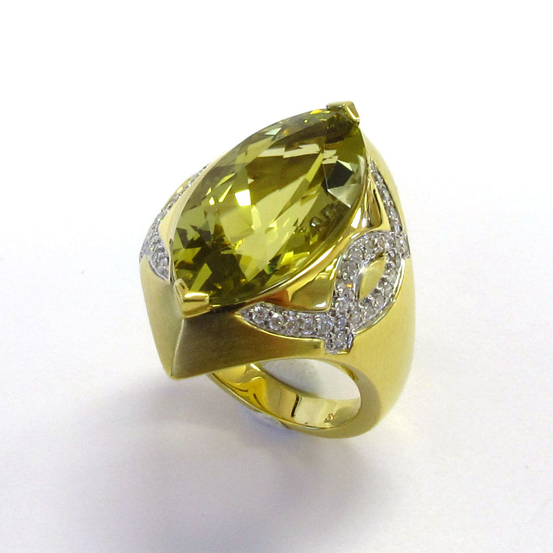 14k Gold Sharp Marquise Lemon Quartz & Diamond Ring