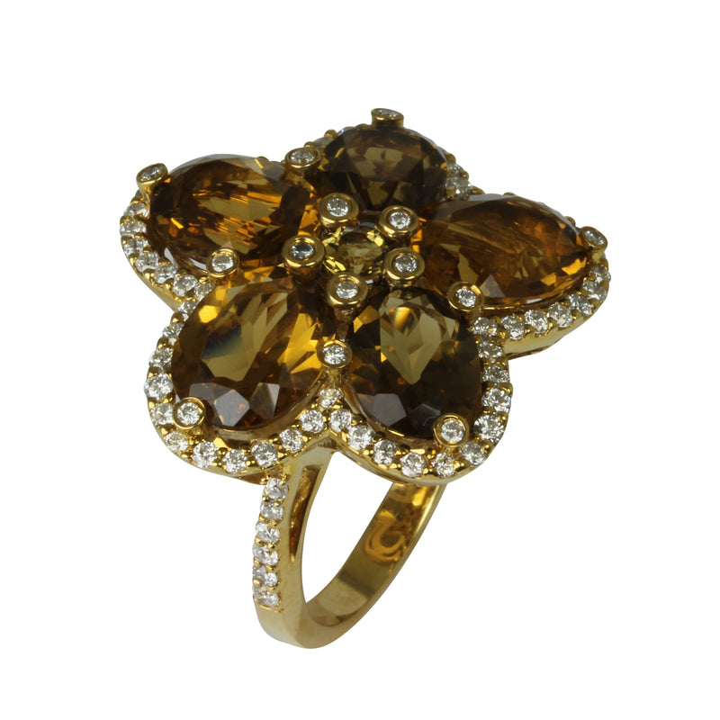 14k Gold Champagne Quartz & Diamond Flower Ring