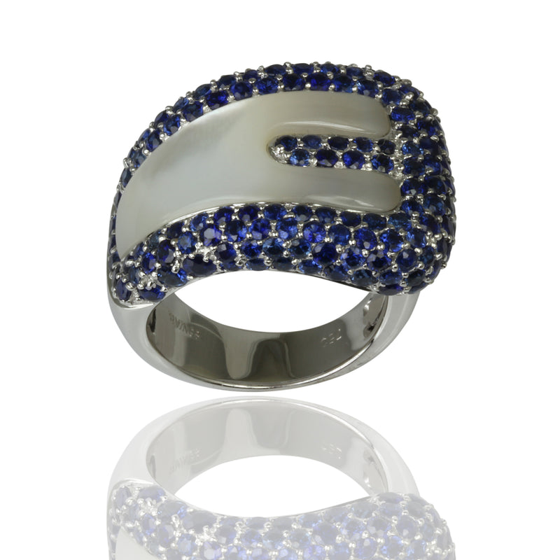 18k Gold Mother Of Pearl & Blue Sapphire Buckle Ring