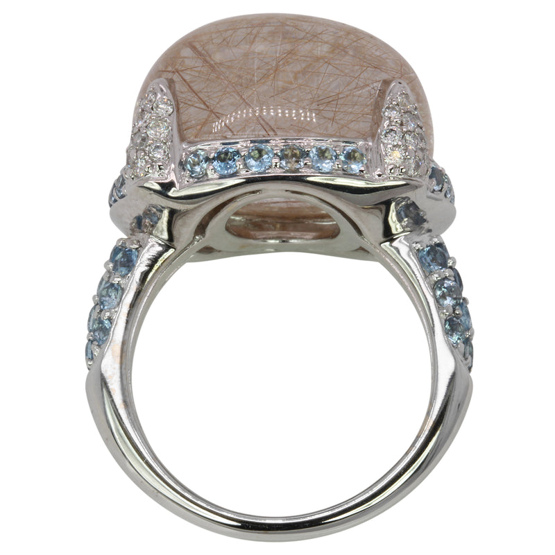 18k Gold Rutilated Quartz, Aquamarine & Diamond Ring