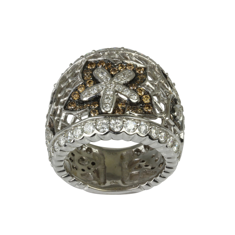 18k Gold White & Champagne Diamond Woven Flower Ring