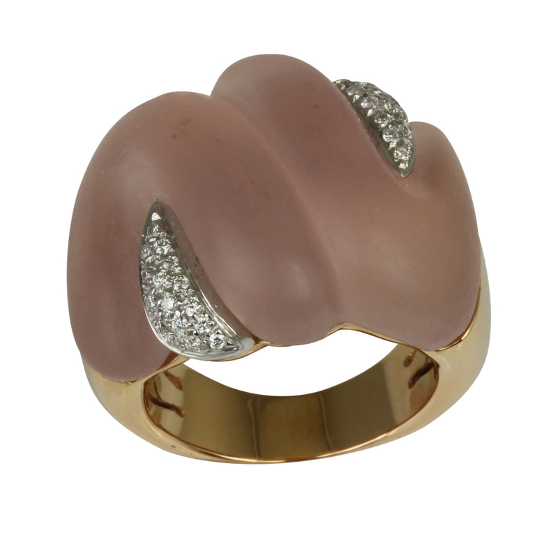 18k Gold Rose Quartz Carving & Diamond Ring