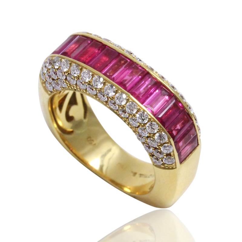18k Gold Ruby Baguette & Diamond Square Ring