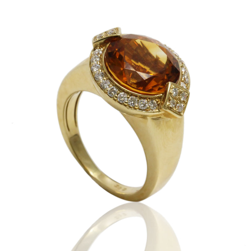 14k Gold Large Round Citrine & Diamond Ring