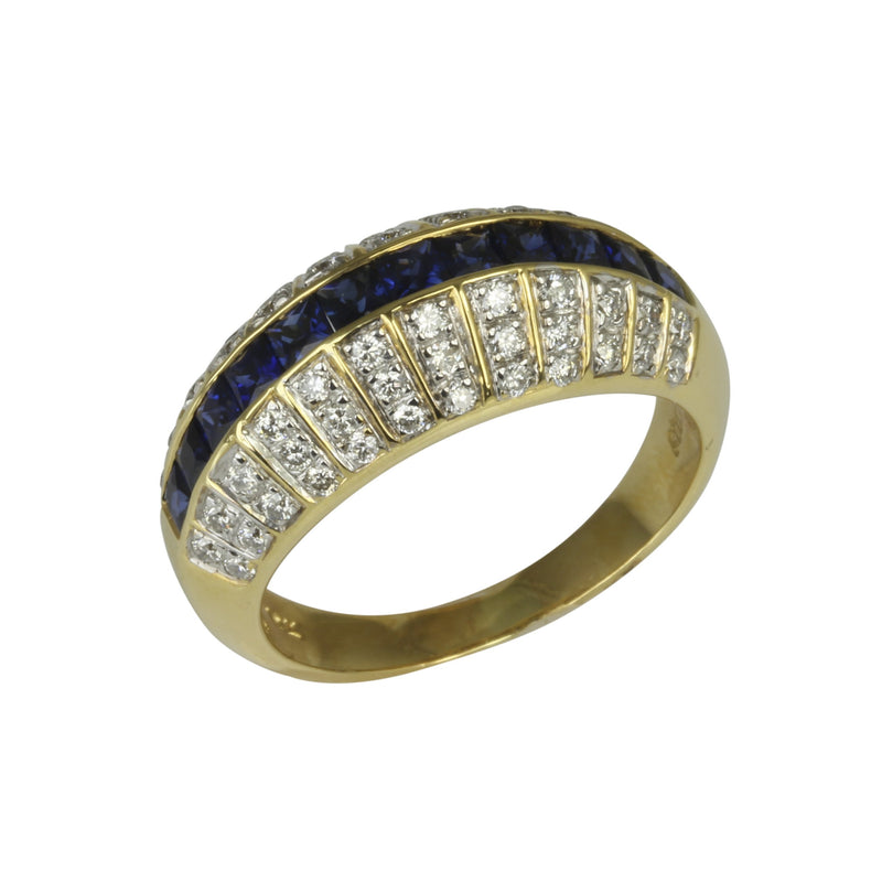 18k Two Tone Gold Blue Sapphire & Diamond Art Deco Ring