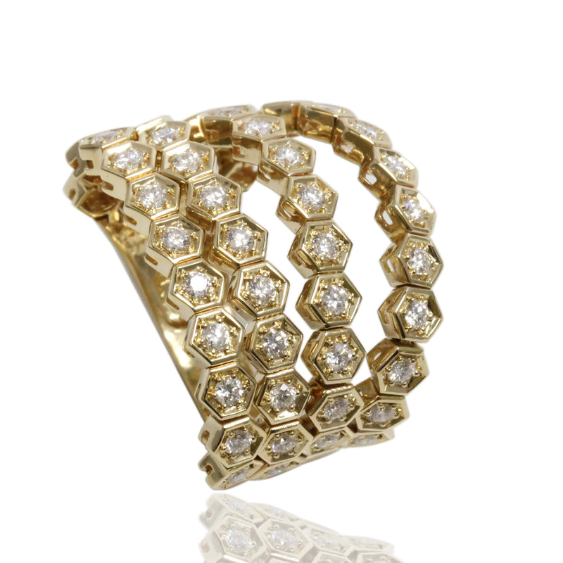14k Gold Diamond 4 Row Hexagon Flex Ring