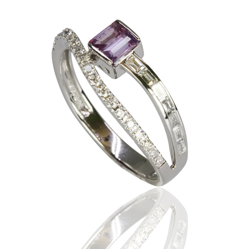 14k Gold Lavender Sapphire Baguette & Diamond Ring