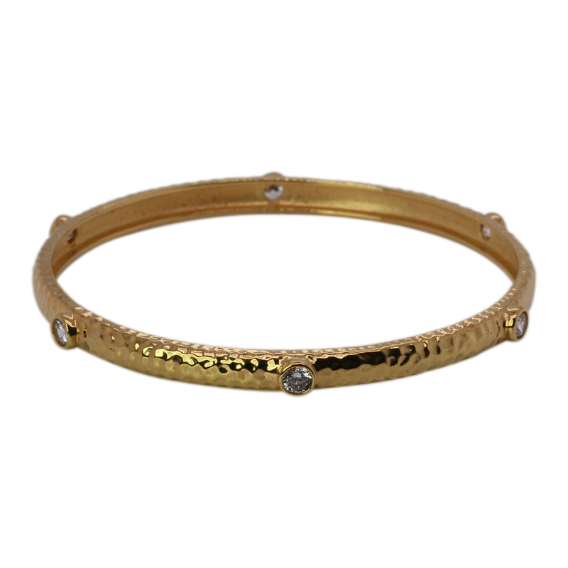 Gold Plated SS Bezel Set CZ Hammered Bangle Bracelet