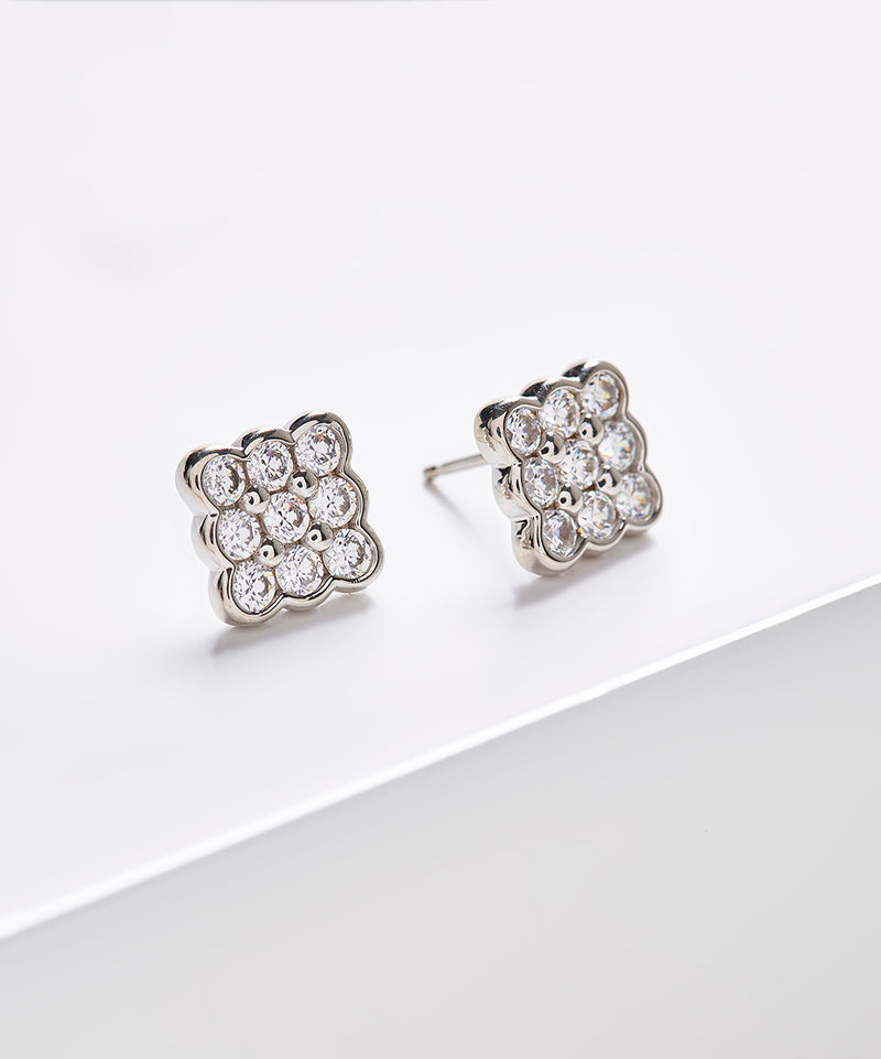 Plated SS & Cz Round Cut Bezel Square Earrings
