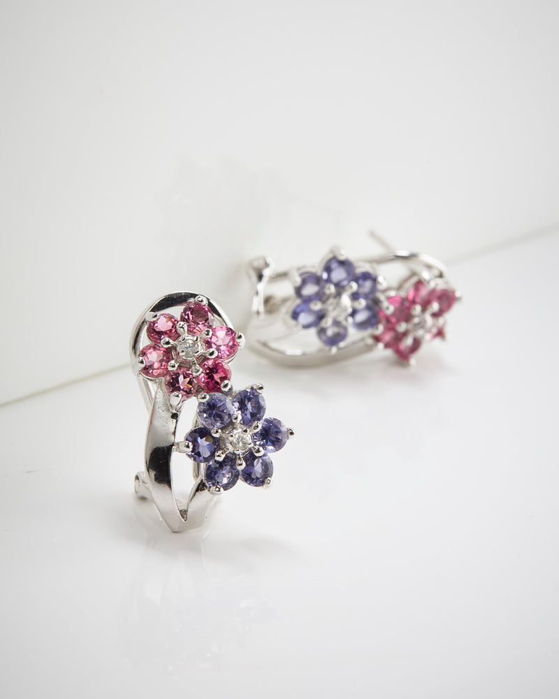SS Pink Tourmaline & Iolite Floral Earrings