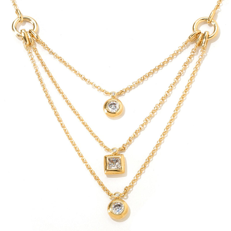 Plated SS & Cz Three Layered Necklace