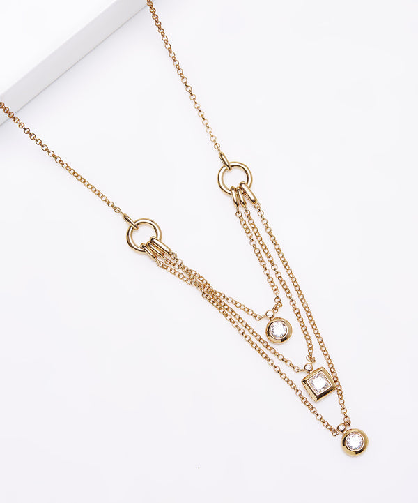 Plated SS & Cz Three Layered Necklace
