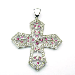 SS, White Zircon & Pink Sapphire Roman Cross Pendant Necklace