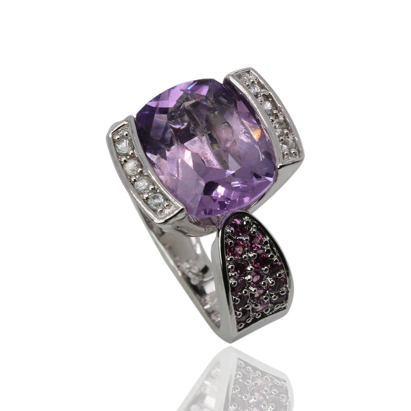 Plated SS Amethyst, White Zircon Ring